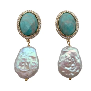 Freshwater White Pearl Natural Amazonite Stones Dangle Earring - Picture 1 of 6