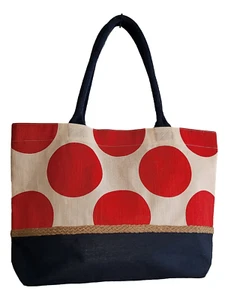 Mud Pie Polka Dot Tote Canvas Bag Orange Navy Large 18in Carry All - Picture 1 of 7