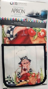 Fabric Printed Kitchen Apron with Pocket, 24"x32", FAT CHEF WITH WINE GLASS, AM - Picture 1 of 6