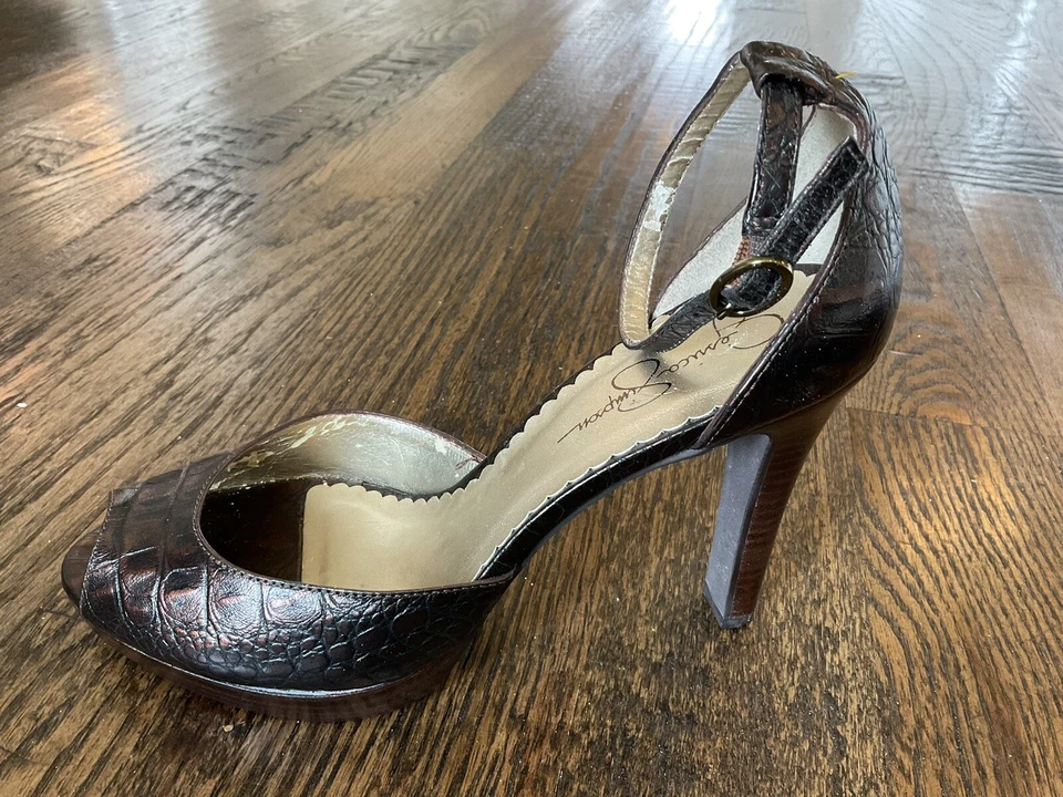 Jessica Simpson 女式棕色皮革露趾踝带 Croc 美国尺码 7.5 B — 第 1/4 张图片