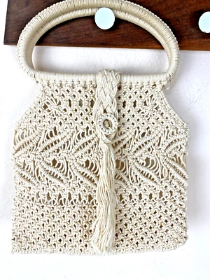 Macrame Ivory Knit Purse Lined 9.5x 9.5" Loop Handle Boho Pouch Beach Wedding - Image 1 of 4