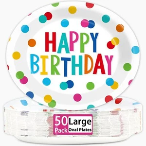 50 PCS Happy Birthday Oval Paper Plates - 11inch Large Colorful Dots Design P... - Picture 1 of 7