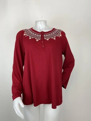 J.Jill Medium Red Embroidery Henley Neckline Top Raglan Flare Sleeves - Image 1 of 4