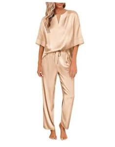 Satin Pajama Set Womens Silk Short Sleeve V Neck Shirt with Long X-Large Khaki - Picture 1 of 7