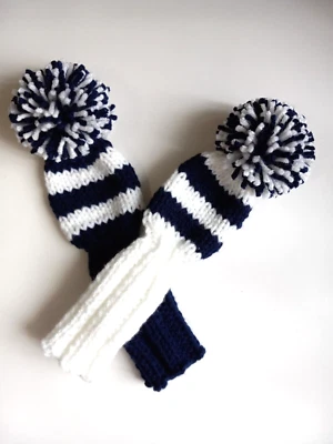 EROSGIFTS.ORG 2 pc Black/White Hybrid/Iron/Putter 8" Hand knit GOLF CLUB HEAD COVERS Sock, POM