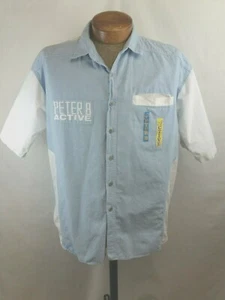 Vintage Peter B Beach Patrol Men Blue White Button Short Sleeve Shirt size Large - Picture 1 of 8