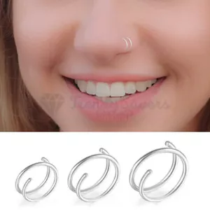 1x Small Thin Silver Spiral Double Nose Ring Ear Piercing Sleeper Hoop 6-10MM - Picture 1 of 48