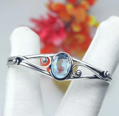 Blue Aquamarine Gemstone 925 Sterling Silver Jewelry Cuff Bracelet Adjustable" - Image 1 of 4