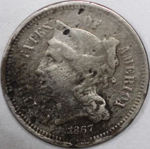 * 1867-P Three Cent Piece, Copper/Nickel. Over 100 years old [AN03] - Picture 1 of 2