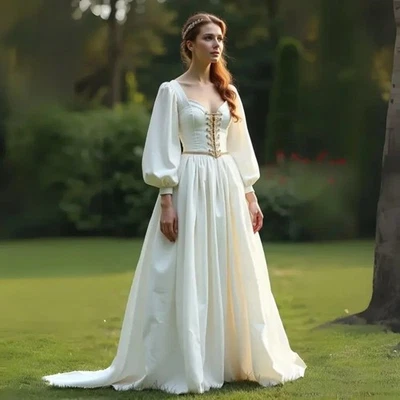 Vintage Medieval Wedding Dresses Boat Neck Puffy Long Sleeves Satin Bridal Gowns - Image 1 of 4
