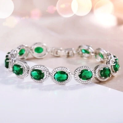 18K White Gold Filled Simulated Crystal Blue/Green Oval Halo Tennis Bracelet Foto 1 de 4