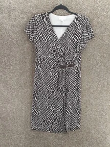 Charter Club Dress Womens M Brown White Geometric V-Neck Side Buckle Faux Wrap - Picture 1 of 8