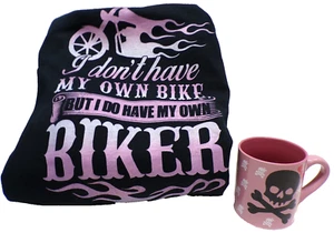 Motorcycle Rider Black Pink Hoodie Sweatshirt & Pink Skull Coffee Mug Women XL - Picture 1 of 12