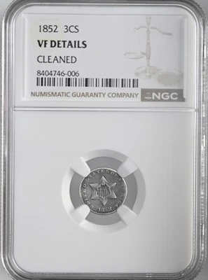 1852  3CS THREE CENT SILVER PIECE  NGC VF DETAILS "CLEANED"  #8404746-006 - Image 1 of 4