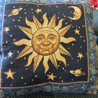 Vintage 90s Celestial Sun Moon Stars Tapestry Throw Pillow Cosmic Whimsigoth 16" - Image 1 of 4