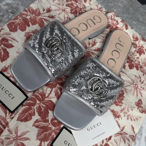 GUCCI Marmont GG Slide Sandals Mule Silver Leather Sequin 9 US or 39 EUR - Picture 1 of 12