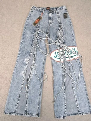 Von Dutch Tie Front Wide Leg Jeans Womens 9 Light Wash Patch Lace Up Denim New - Image 1 of 4