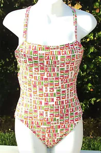 CALVIN KLEIN WHITE MULTI LOGO GEOMETRIC ONEPIECE BATHING SWIM SUIT SPANDEX 6 NEW - Picture 1 of 3