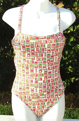 CALVIN KLEIN БЕЛЫЙ МУЛЬТИ ЛОГОТИП ГЕОМЕТРИЧЕСКИЙ ЦЕЛЬНЫЙ КУПАЛЬНЫЙ КОСТЮМ СПАНДЕКС 6 НОВЫЙ - Изображение 1 из 3