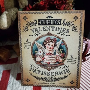 SHABBY VICTORIAN PRIMITIVE VINTAGE STYLE VALENTINE CUPIDS BAKERY KITCHEN  SIGN - Picture 1 of 15