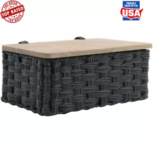 Woven Design Resin Storage Basket W/ Hinged Wood Lid Home Organization New - Picture 1 of 7