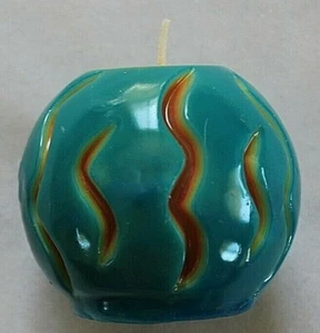 Blue Ball Shaped Candle With Tan Indented Markings - Picture 1 of 3