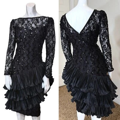Vintage 80’s SEQUIN RUFFLE PARTY DRESS S Lace Tiered Black Prom Cocktail Zig Zag - Image 1 of 4