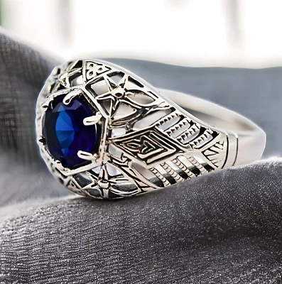 VINTAGE STYLE ROYAL BLUE SIMULATED SAPPHIRE 925 SOLID STERLING SILVER RING 1803 - Image 1 of 4