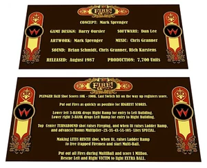 Williams Fire! Pinball Custom Apron Instruction Cards - Picture 1 of 1