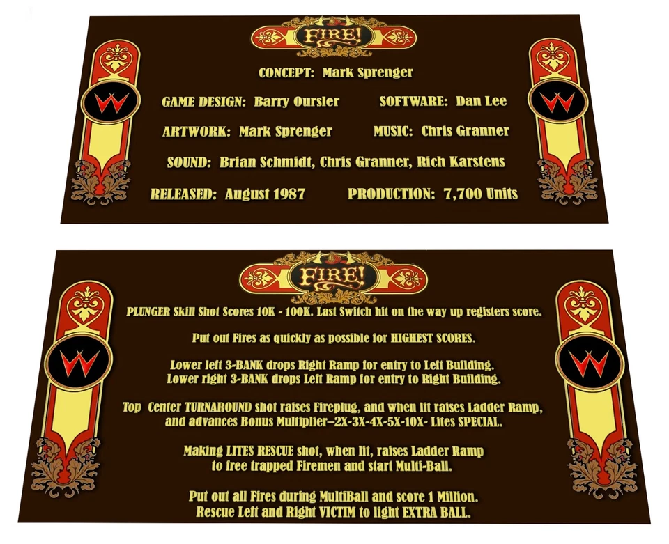 Williams Fire! Pinball Custom Apron Instruction Cards - Image 1 of 1