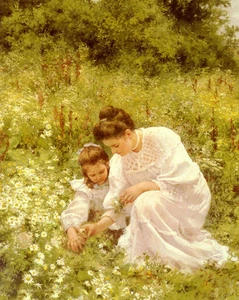 Ölgemälde Hermann Seeger - Gänseblümchen pflücken junge Mutter mit Mädchen in Landschaft - Bild 1 von 1