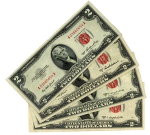 Full Set of 1953 1953A 1953B 1953C $2 Dollar Bills US Red Seal 4 Notes Nice - Picture 1 of 2
