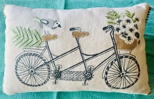 Throw Pillow Tandem Bicycle Flowers And Birdie Embroidered Zippered Back Pier 1 - Picture 1 of 4