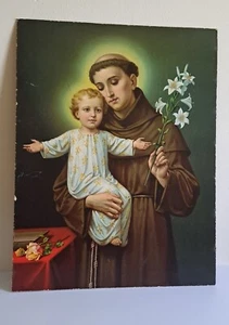 LARGE VINTAGE RELIGIOUS OFFSET LITHOGRAPH ST ANTHONY OF PADUA CHRISTIAN ART. HTF - Picture 1 of 6
