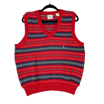 VTG GAP Fair Isle Sweater Vest Men Small Red V-Neck 90s Grandpa Holiday Academia - Image 1 of 4