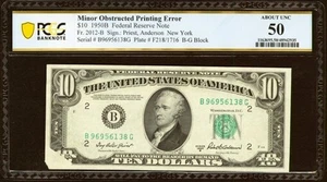 1950B $10 Federal Reserve Note Minor Obstructed Printing Error Fr. 2012-B - Picture 1 of 2