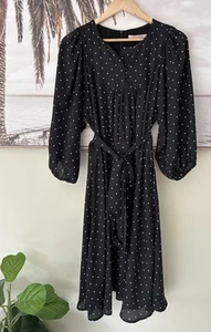 REVIEW 3/4 Sleeve Black & White Polka Dot Relaxed Tie Dress Size 12 - Picture 1 of 8