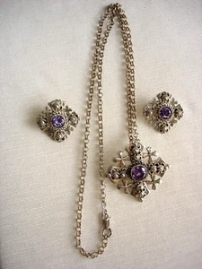 900 SILVER JERUSALEM CROSS PIN/PENDANT NECKLACE & Clip EARRINGS Purple Stones - Picture 1 of 2