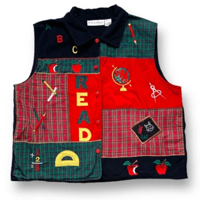 Chaleco vintage Dressbarn para mujer rojo retazos cuadros maestro escuela abotonada top Foto 1 de 4