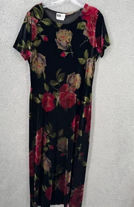 Vintage 90er Damen 14 Rose Blumen Samt Maxi Bodycon Kleid schwarz rot Hergestellt in den USA - Bild 1 von 9