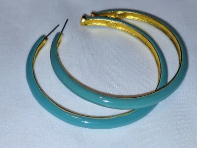 Kenneth J Lane KJL Pierced Earrings 3/4 Hoop Teal Enamel Gold Plated 2-1/4" - Image 1 of 4