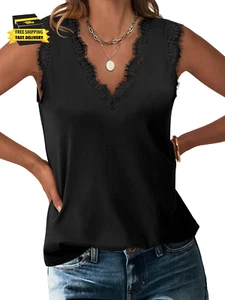 Womens Lace Trim Tank Tops V Neck Sleeveless Shirts 2025 Summer Casual Trendy Dr - Picture 1 of 6