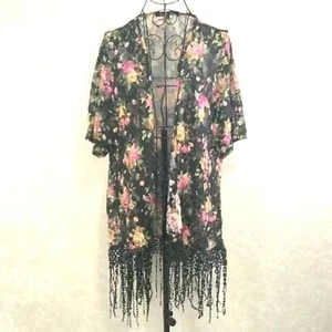 SWEET RAIN Rose Cardigan Kimono Black Mesh Long Fringe Open Front Boho Size M - Picture 1 of 10