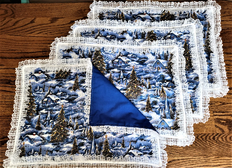 *NEW* Hand Sewn Christmas Village Winter Snow Scene Placemats-4 w/lace 18" X 13" - Image 1 of 2