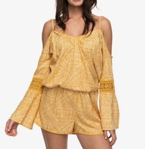 NWT Sz Sm Roxy Romper Aztec Crochet Yellow Peasant Boho Folk Indie Event Fairy - Picture 1 of 12