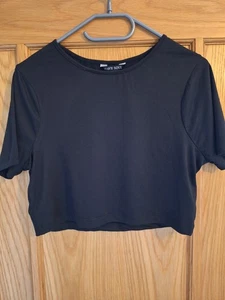 Ladies Round Neck Stretch Black Blouse Crop Top Womens Short Sleeve T-Shirt Vest - Picture 1 of 4