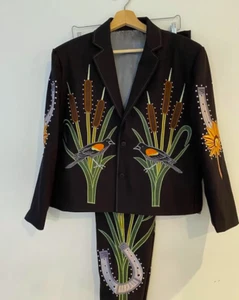 Men2Pc Bespoke Bird Flower Embroidered Nudie Western cowboy Cocktail Prom Outfit - Picture 1 of 8