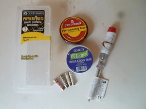 7 Piece Mini Electrical Kit Mains Tester, White & Black Tape Fuses Storage Box - Picture 1 of 9