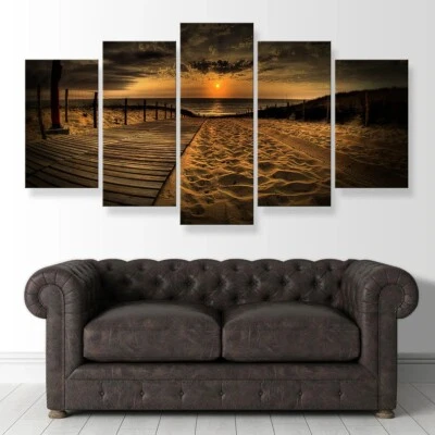 Golden Sunset Beach Boardwalk Ocean View 5 Piece Panel Canvas Wall Art Decor - Image 1 of 3