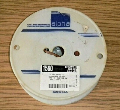 Провод Alpha 1560-100 1 X 1 соединительный провод 12 AWG 1000 В 0,016 ПВХ вставки. Коричневый -100 футов  - Изображение 1 из 4